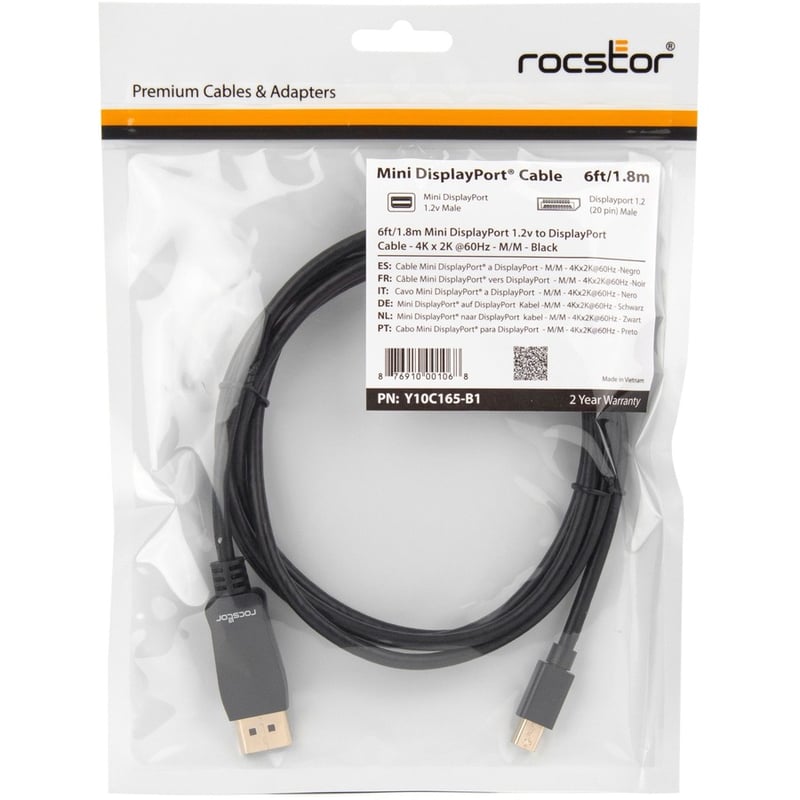 Rocstor premium 6ft (2m) Mini DisplayPort 1.2v to DisplayPort Cable M/M - 4K - mini DisplayPort to Displayport for Ultrabook, Projector, Desktop Computer DisplayPort supports 4Kx2K Resolution at 60Hz - 6 ft Mini DP to DP Cable - 6ft Mini DisplayPort to - Thumbnail 5