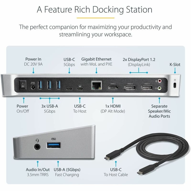 StarTech.com USB-C Dock - 4K Triple Monitor USB Type-C Docking Station with Dual DisplayPort & HDMI - 100W Power Delivery - 5x USB 3.0 Hub - Thumbnail 3