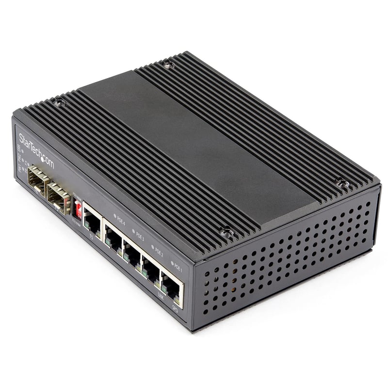 StarTech.com Industrial 6 Port Gigabit Ethernet Switch w/4 PoE RJ45 +2 SFP Slots 30W 802.3at PoE+ 12-48VDC 10/100/1000 Mbps -40C to 75C - Thumbnail 1