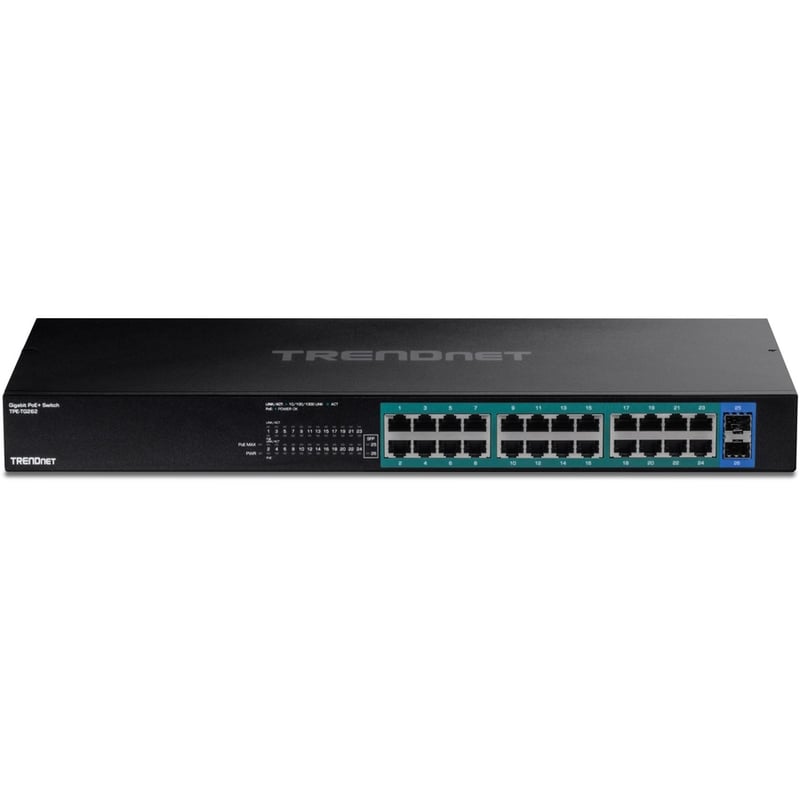 TRENDnet 26-Port Gigabit PoE+ Switch, 24 x 30W PoE+ Ports, 2 Gigabit SFP Slots, 380W PoE Budget, 52Gbps Switching Capacity, 1U 19" Rack Mountable, Lifetime Protection, Black, TPE-TG262 - Thumbnail 4
