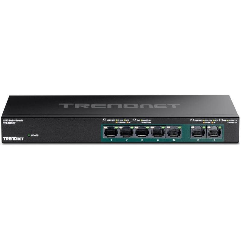TRENDnet 7-Port Multi-Gig PoE+ Switch, 5 x 1G RJ-45 PoE+ BASE-T Ports, 2 x 2.5G RJ-45 PoE+ Ports, 20Gbps Switching Capacity, Wall Mountable, Network Ethernet Switch, Lifetime Protection, Black,TPE-TG327 - Thumbnail 3