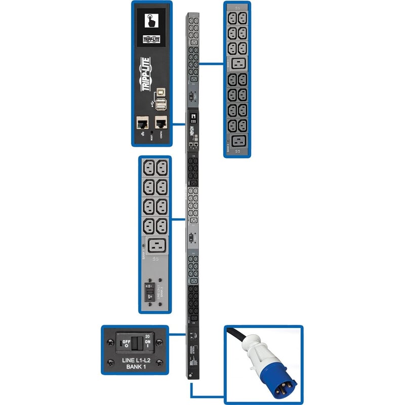 Tripp Lite by Eaton 10kW 200-240V 3PH Monitored PDU - LX Interface, Gigabit, 48 Outlets, IEC-309 30A Blue Input, LCD, 1.8 m Cord, 0U 1.8 m Height, TAA - Thumbnail 1