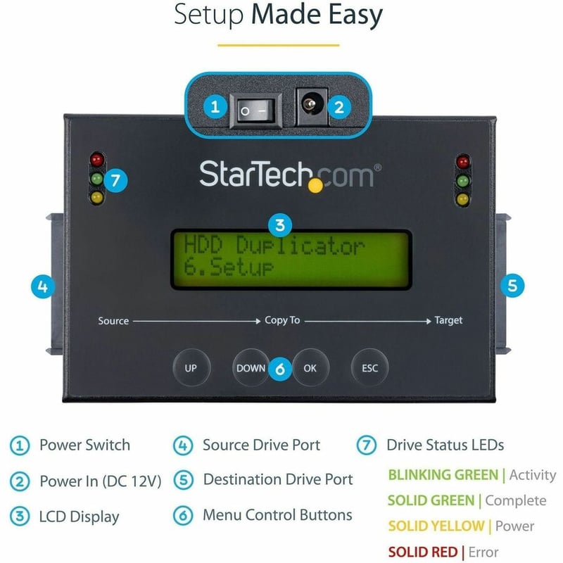 StarTech.com 1:1 Standalone Hard Drive Duplicator & Eraser, SATA HDD / SSD Disk Cloner / Copier / Wiper / Sanitizer, TAA Compliant - Thumbnail 3