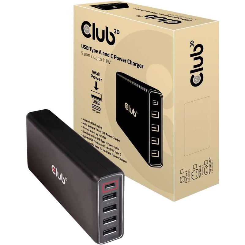 Club 3D USB Type A and C Power Charger, 5 ports up to 111W - Thumbnail 1