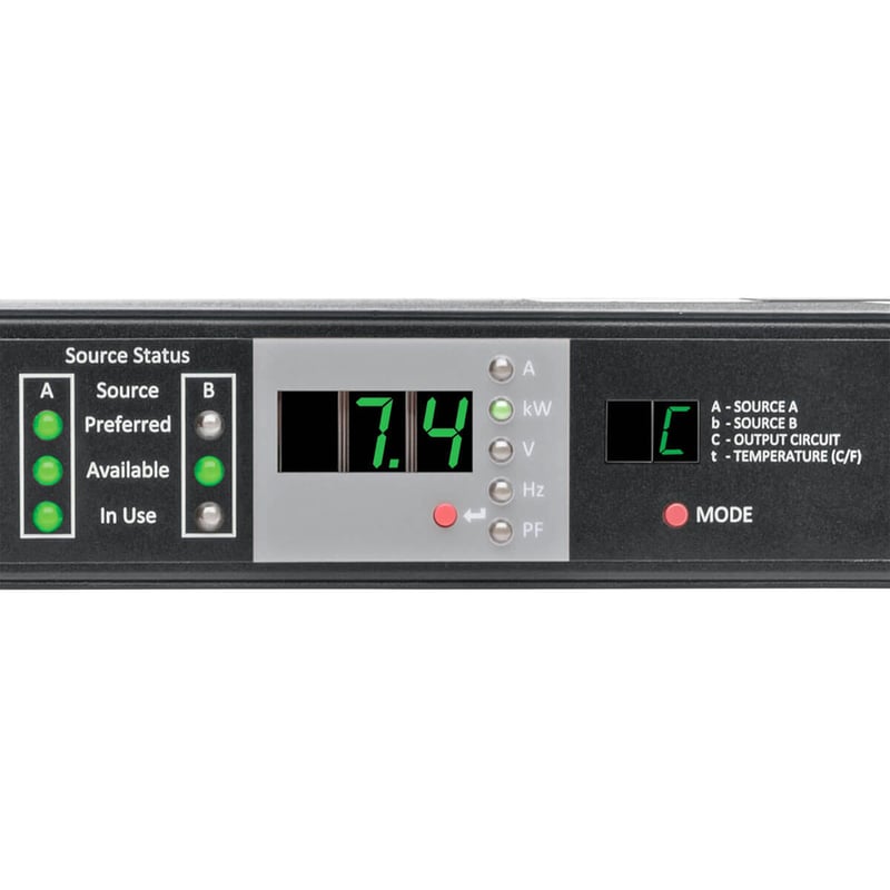 Eaton Tripp Lite Series 7.7kW Single-Phase 200-240V Monitored Automatic Transfer Switch PDU, Two 32A IEC309 32A Blue Inputs, 1 IEC309 32A Outlet, 1U - Thumbnail 2