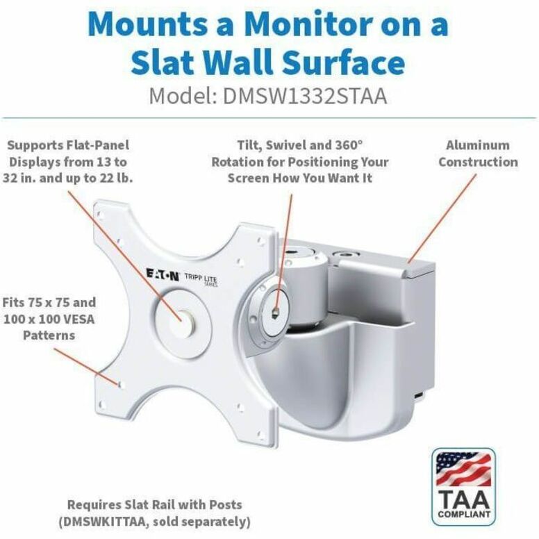 Eaton Tripp Lite Series Monitor Mount for Slat Wall System, 13" to 32" Displays, TAA - Thumbnail 2