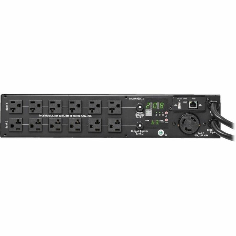 Tripp Lite by Eaton 2.9kW 120V Single-Phase ATS/Monitored PDU - 24 5-15/20R & 1 L5-30R Outlets, Dual L5-30P Inputs, 10 ft. Cords, 2U, TAA - Thumbnail 2