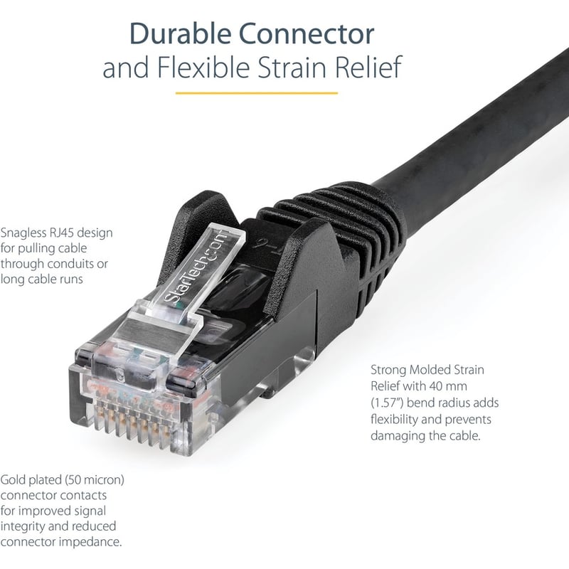 StarTech.com 6in (15cm) CAT6 Ethernet Cable, LSZH (Low Smoke Zero Halogen) 10 GbE Snagless 100W PoE UTP RJ45 Black Network Patch Cord, ETL - Thumbnail 3