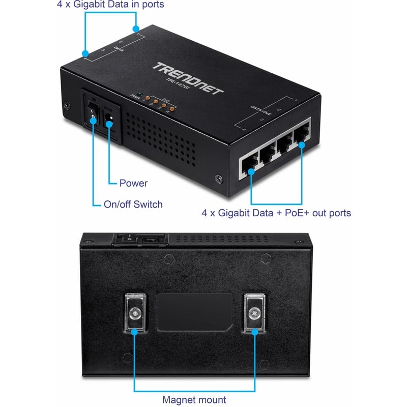 TRENDnet 65W 4-Port Gigabit PoE+ Injector, TPE-147GI, 4 x Gigabit Ports(Data in), 4 x gigabit PoE Ports(Data + PoE Out), Multi-Port PoE+ Injector up to 100m(328 ft.), Add PoE+ Power to Non-PoE Switch - Thumbnail 5