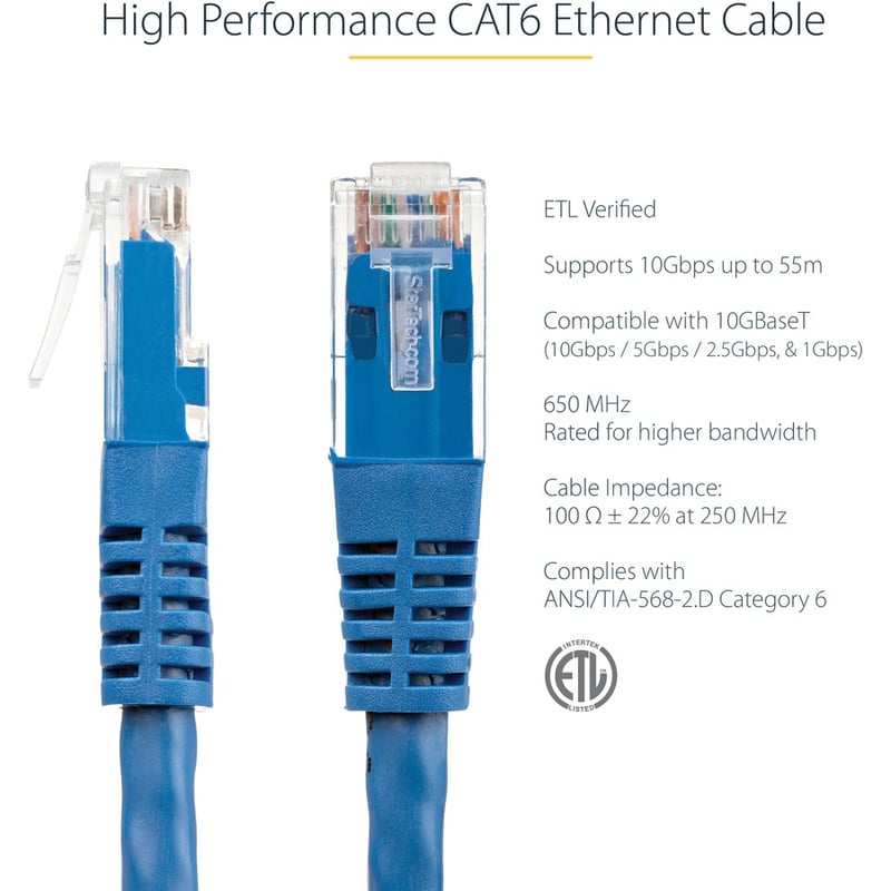 StarTech.com 10ft CAT6 Ethernet Cable - Blue Molded Gigabit - 100W PoE UTP 650MHz - Category 6 Patch Cord UL Certified Wiring/TIA - Thumbnail 3
