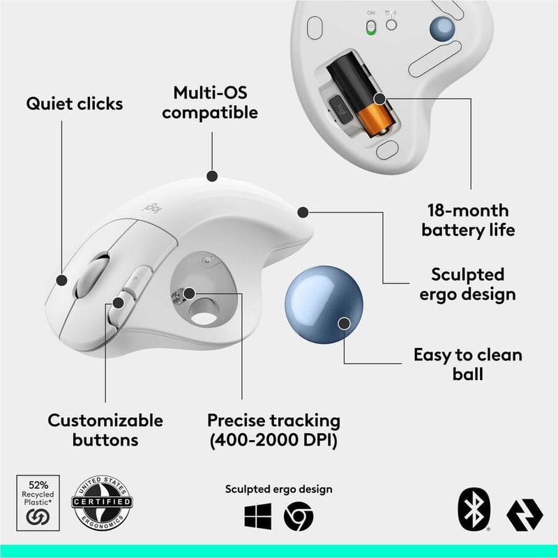 ERGO M575S WIRELESS MOUSE TRACKBALL (OFF-WHITE+BLUE BALL) - Thumbnail 4