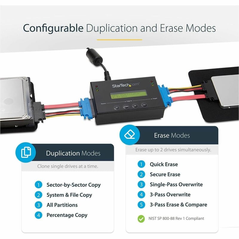 StarTech.com 1:1 Standalone Hard Drive Duplicator & Eraser, SATA HDD / SSD Disk Cloner / Copier / Wiper / Sanitizer, TAA Compliant - Thumbnail 5