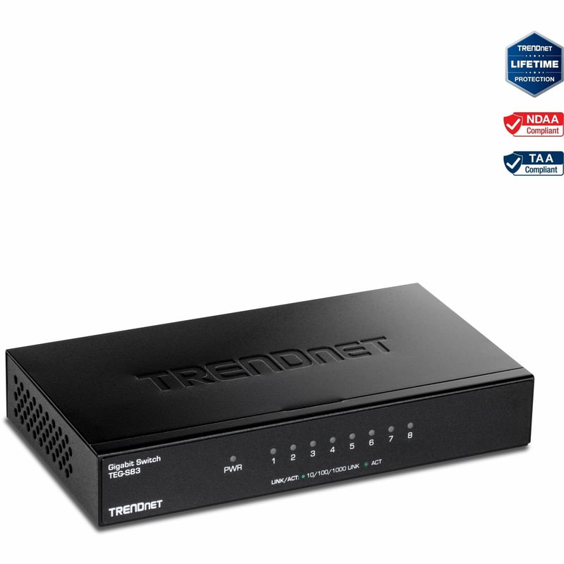 TRENDnet 8-Port Gigabit Desktop Switch, TEG-S83, 8 x Gigabit RJ-45 Ports, 16Gbps Switching Capacity, Fanless Design, Metal Enclosure, Lifetime Protection, Black - Thumbnail 1