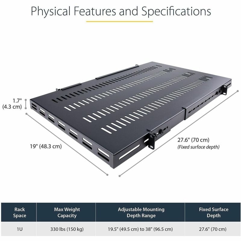 StarTech.com 1U 4-Post 19.5 to 38in Adjustable Mounting Depth Vented Rack Mount Shelf - Heavy Duty Fixed Rack Shelf - 330lbs / 150kg - 27.5in Deep - Thumbnail 2