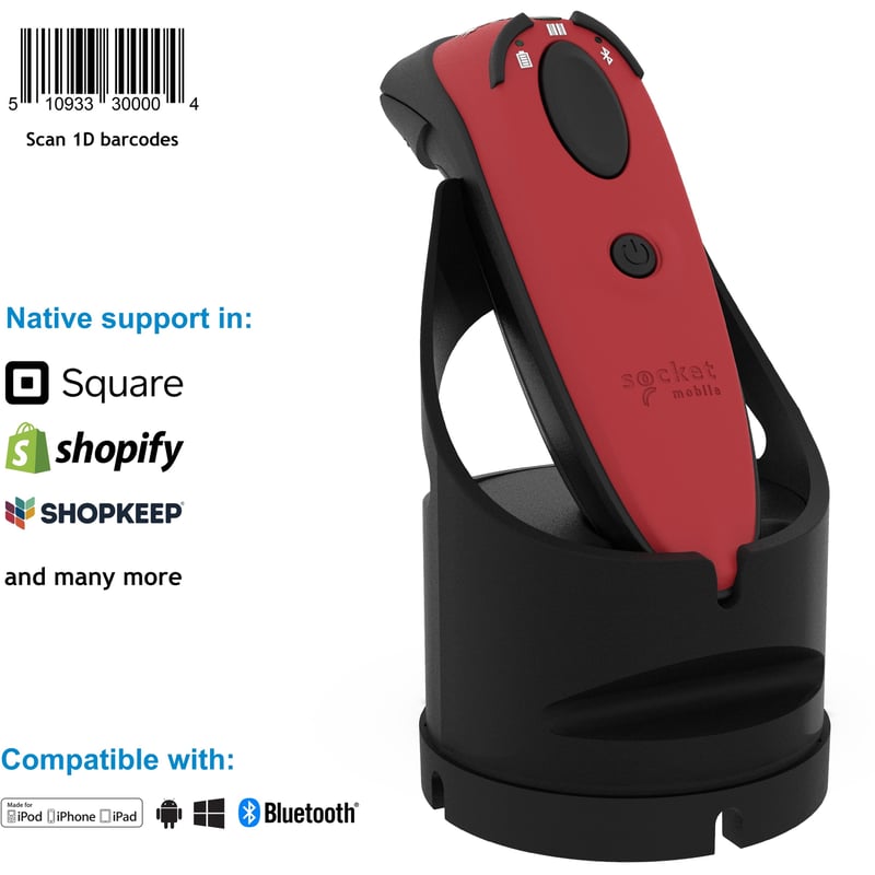 Socket Mobile DuraScan® D730, Laser Barcode Scanner, Red & Charging Dock - Thumbnail 1