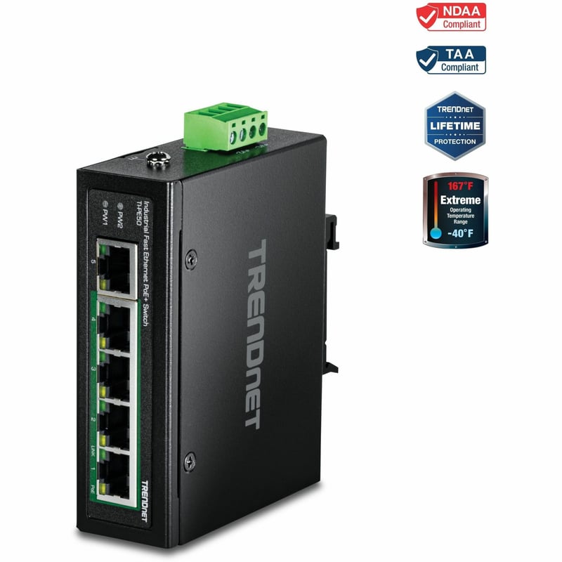 TRENDnet 5-Port Industrial Fast Ethernet DIN-Rail Switch, 4 x Fast Ethernet PoE+ Ports, 1 x Fast Ethernet Port, 90W PoE Power Budget, DIN-Rail, IP30 Rated, Lifetime Protection, Black, TI-PE50 - Thumbnail 1