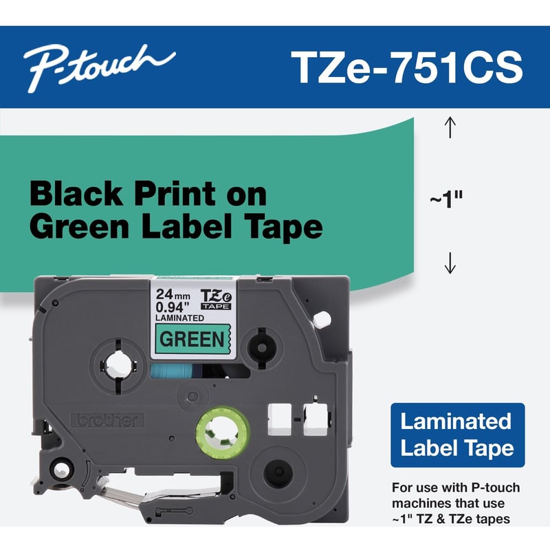 Brother TZe-751CS, 0.94" x 26.2', Black on Green Laminated Label Tape - Thumbnail 1