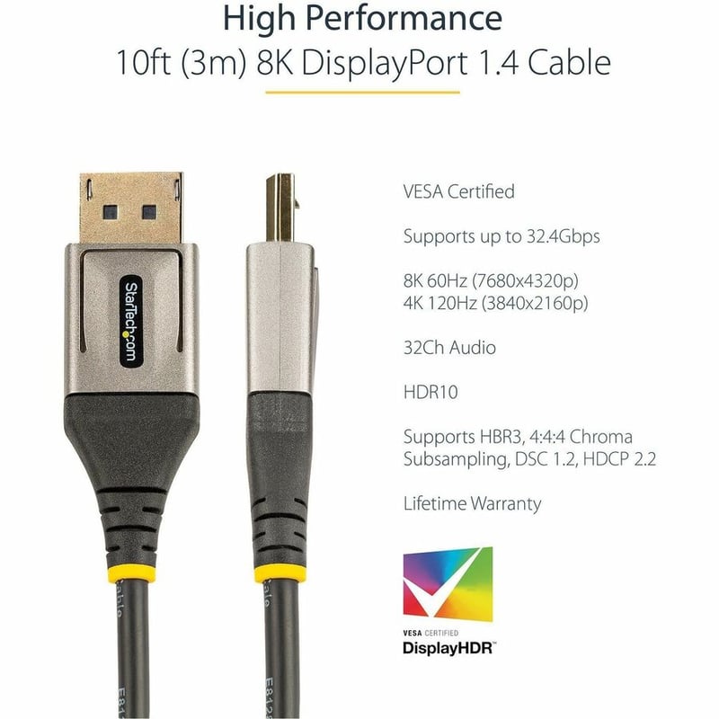 StarTech.com 10ft (3m) VESA Certified DisplayPort 1.4 Cable, 8K 60Hz HDR10, UHD 4K 120Hz Video, DP to DP Monitor Cord, DP 1.4 Cable, M/M - Thumbnail 2