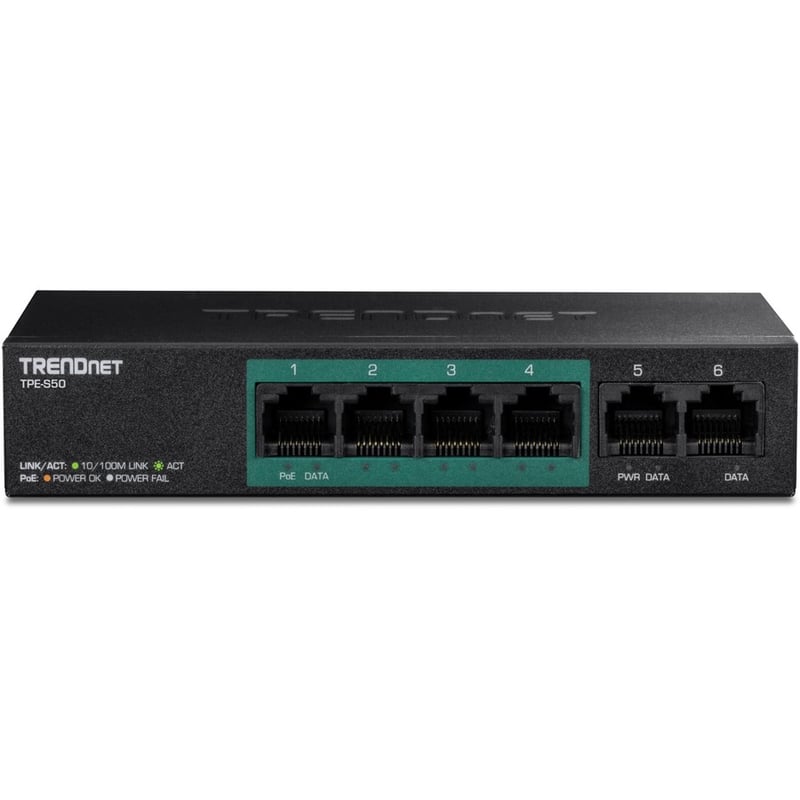 TRENDnet 6-Port Fast Ethernet PoE+ Switch, 4 x Fast Ethernet PoE Ports, 2 x Fast Ethernet Ports, 60W PoE Budget, 1.2 Gbps Switch Capacity, Metal, Limited Lifetime Protection, Black, TPE-S50 - Thumbnail 2