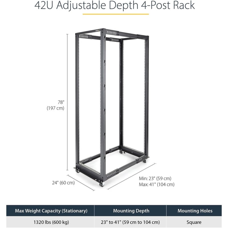 StarTech.com 4-Post 42U Mobile Open Frame Server Rack, 19" Network Rack with Casters, Rolling Rack for Computer/AV/Data/IT Equipment - Thumbnail 3