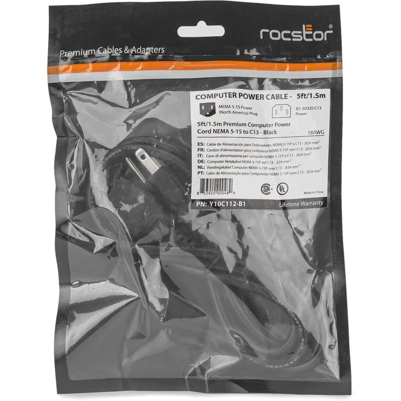 Rocstor 5ft Computer Power Cord NEMA5-15P to C13 - Thumbnail 3