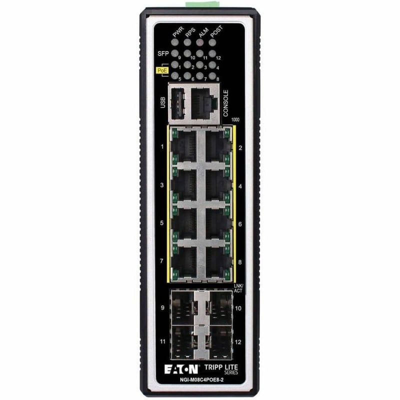 Tripp Lite by Eaton 8-Port Managed Industrial Gigabit Ethernet Switch - Layer 2, 1 Gbps, PoE+ 30W, 4 GbE SFP Ports, -40 to 75C, DIN Mount - TAA Compliant - Thumbnail 1
