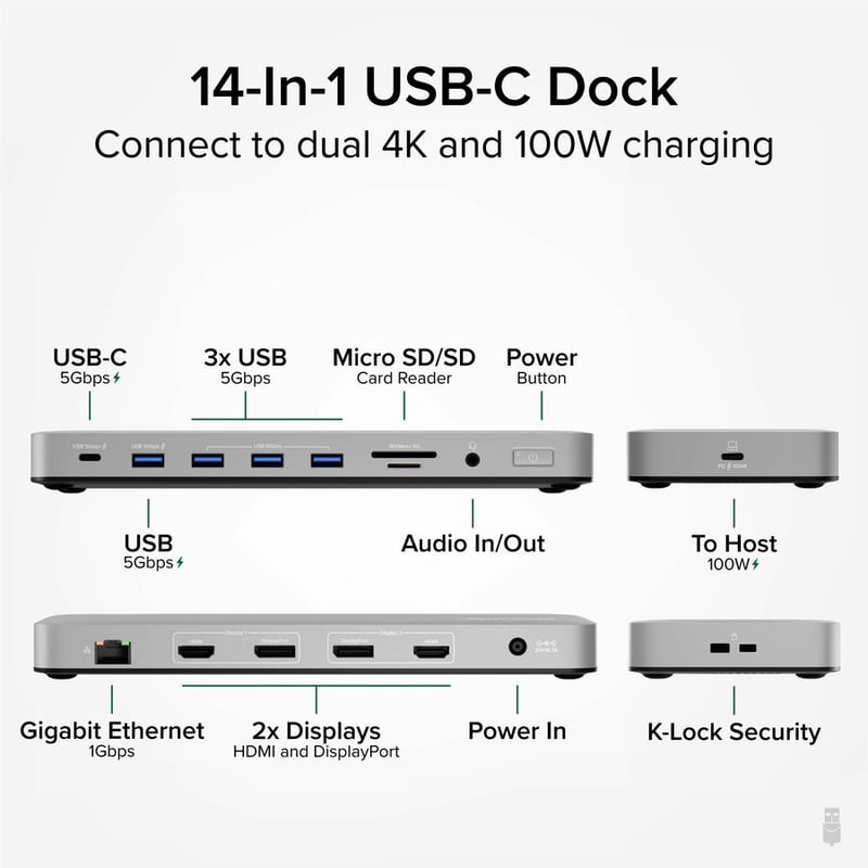 Plugable 13-in-1 USB C Docking Station Dual Monitor, 100W Charging, Dual 4K Displays 2x HDMI or 2x DisplayPort - Thumbnail 2
