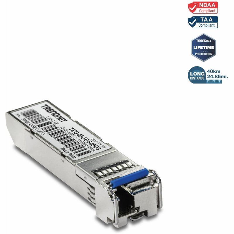 TRENDnet SFP to RJ45 Dual Wavelength Single-Mode LC Module; TEG-MGBS40D3; Must Pair with TEG-MGBS40D5 or a Compatible Module; Up to 40km (24.9 miles); Standard SFP Slot Compatible; Lifetime Protection - Thumbnail 1