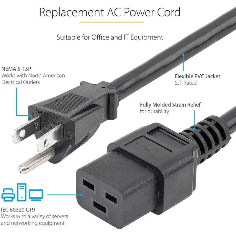 StarTech.com 3ft (1m) Heavy Duty Power Cord, NEMA 5-15P to C19, 15A 125V, 14AWG, Computer Power Cord, Heavy Gauge Power Cable - Thumbnail 2