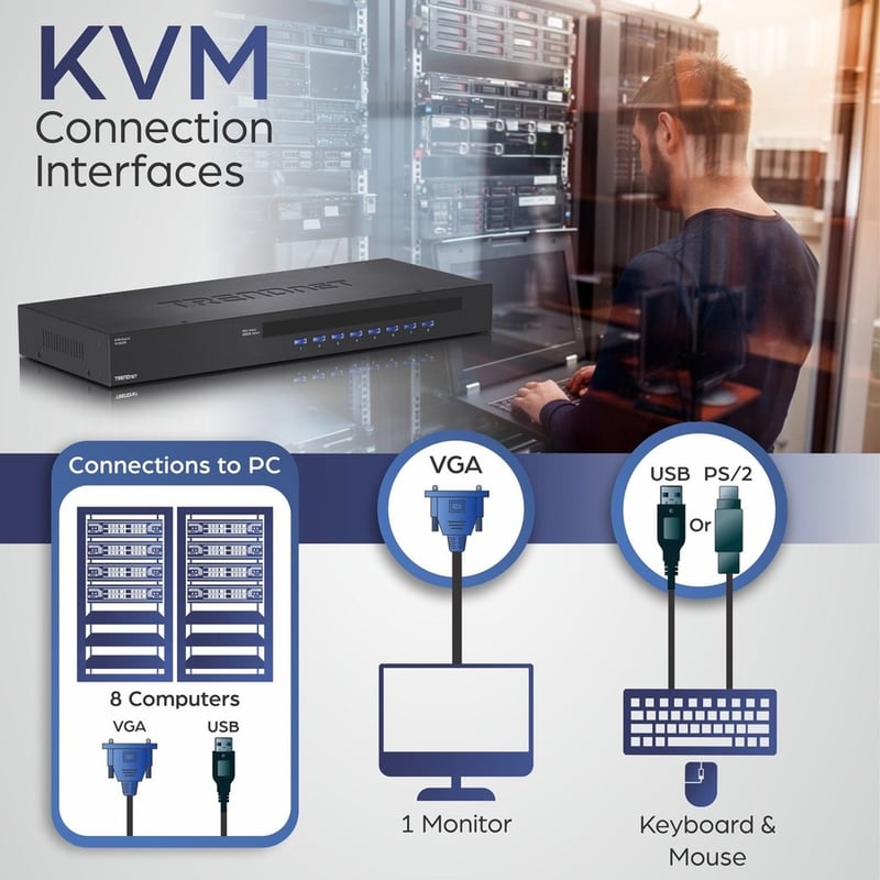 TRENDnet 8-Port USB/PS2 Rack Mount KVM Switch, TK-803R, VGA & USB Connection, Supports USB & PS/2 Connections, Device Monitoring, Auto Scan, Audible Feedback, Control up to 8 Computers/Servers - Thumbnail 3