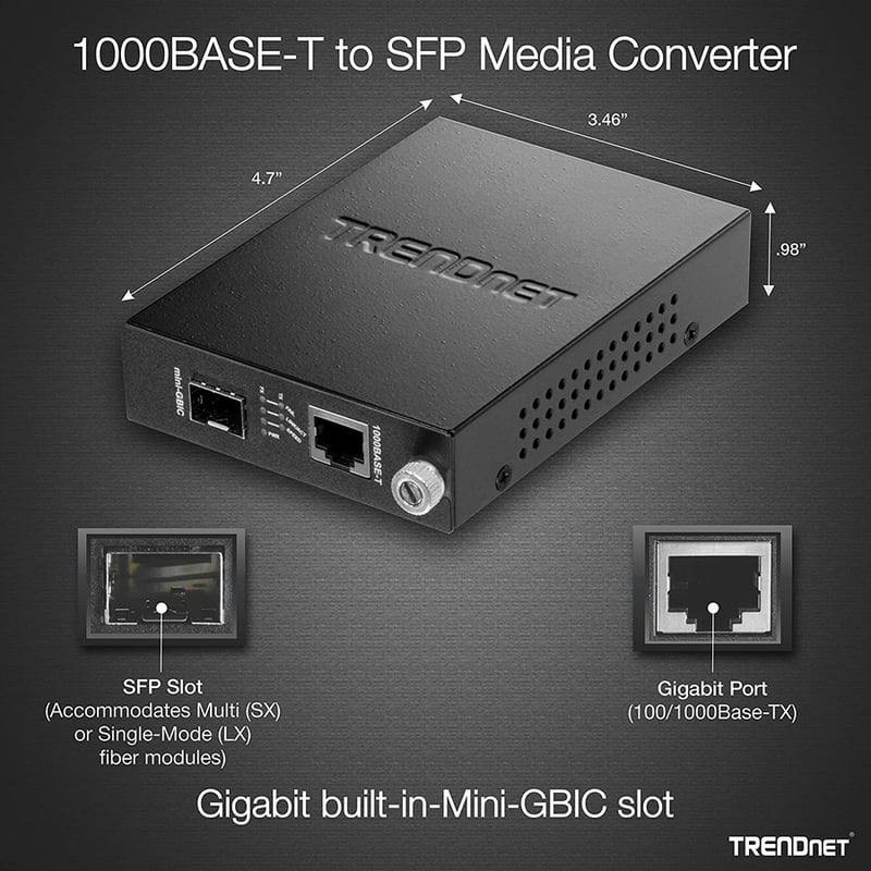 TRENDnet 100/1000Base-T To SFP Fiber Media Converter, Fiber To Ethernet Converter, 1 x 10/100/1000Base-T RJ-45 Port,1 x Mini-GBIC Slot, Lifetime Protection, Black, TFC-1000MGA - Thumbnail 4