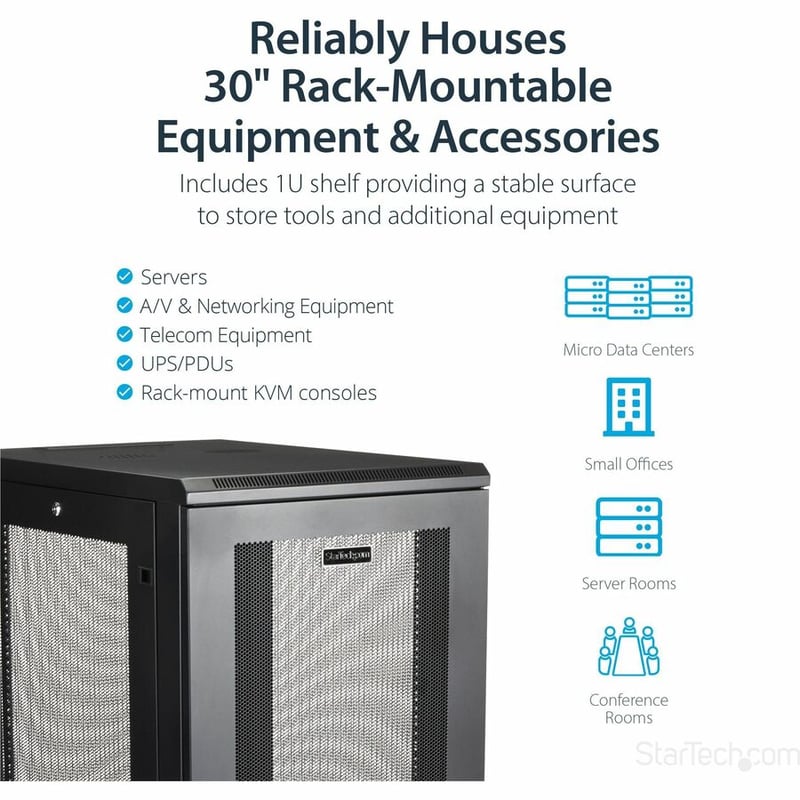 StarTech.com 24U 19" Server Rack Cabinet 4 Post Adjustable Depth 2-30" w/Casters/Cable Management/1U Shelf, Locking Doors and Side Panels - Thumbnail 4