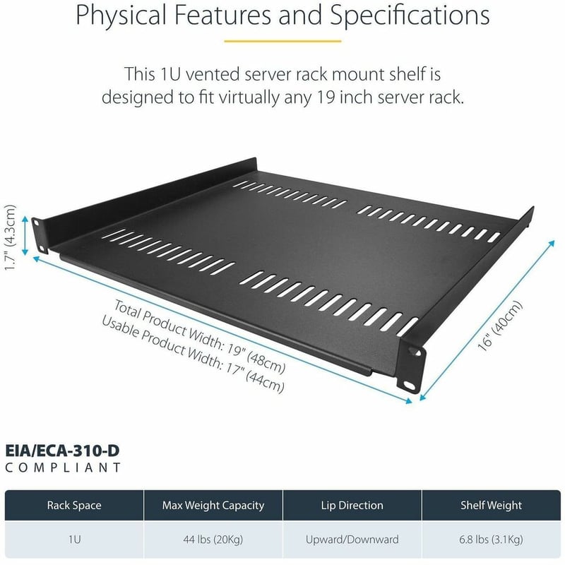 StarTech.com 1U Server Rack Cabinet Shelf - Fixed 16" Deep Cantilever Rackmount Tray for 19" Data/AV/Network Enclosure w/Cage Nuts, Screws - Thumbnail 3