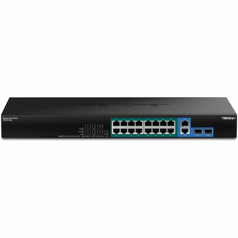 TRENDnet 18-Port Gigabit High Power Poe+ Switch; 16 X Gigabit Poe+ Ports; 2 X Shared Gigabit Ports; 36Gbps Switching Capacity; 440W PoE Power Budget; TPE-TG182F - Thumbnail 2