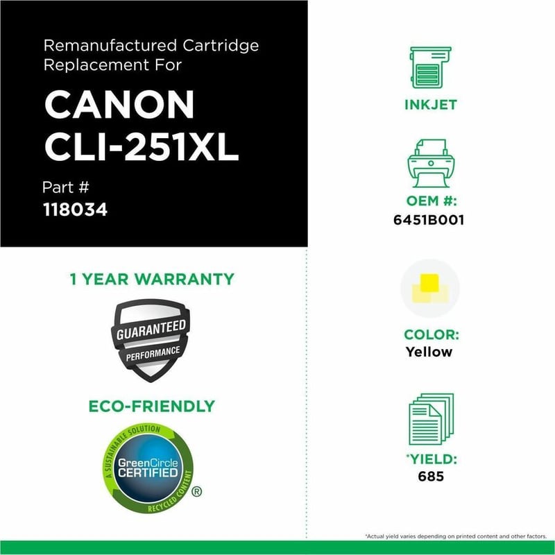 Clover Imaging Remanufactured High Yield Yellow Ink Cartridge for Canon CLI-251XL (6451B001) - Thumbnail 3