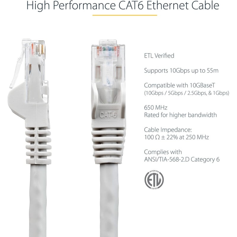 StarTech.com 100ft CAT6 Ethernet Cable - Gray Snagless Gigabit - 100W PoE UTP 650MHz Category 6 Patch Cord UL Certified Wiring/TIA - Thumbnail 3
