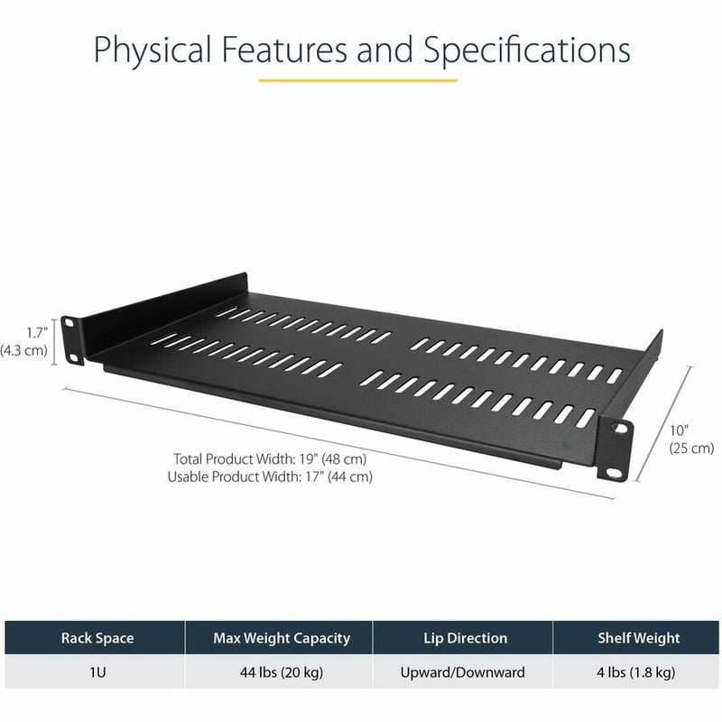 StarTech.com 1U Vented Server Rack Cabinet Shelf - Fixed 10in Deep Cantilever Rackmount Tray for 19" Data/AV/Network Enclosure w/Cage Nuts - Thumbnail 3