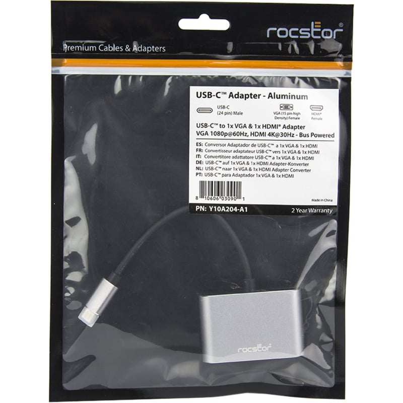 Rocstor Premium USB-C to HDMI & VGA Dual Port Adapter - HDMI 4K @30Hz, VGA 1080p - USB Type- C to 1x HDMI & 1x VGA - 2-Port Adapter - for Mac and Windows - 4Kx2K 30Hz HDMI Resolutions up to 3840x2160, VGA Resolutions up to 1920x10 - Thumbnail 2