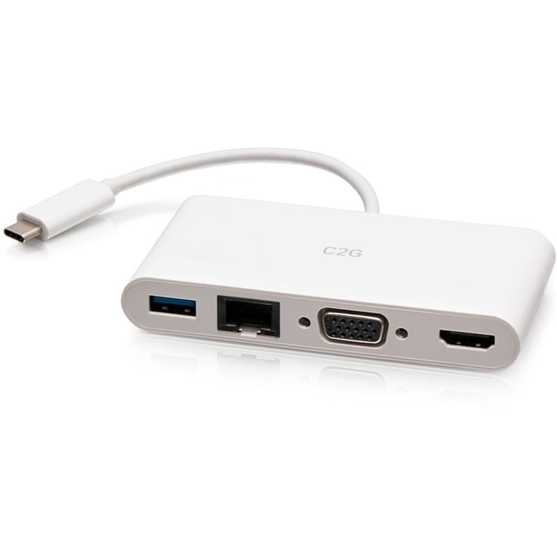 C2G USB C to HDMI, VGA, USB A & RJ45 Adapter - 4K 30Hz - White - Thumbnail 1