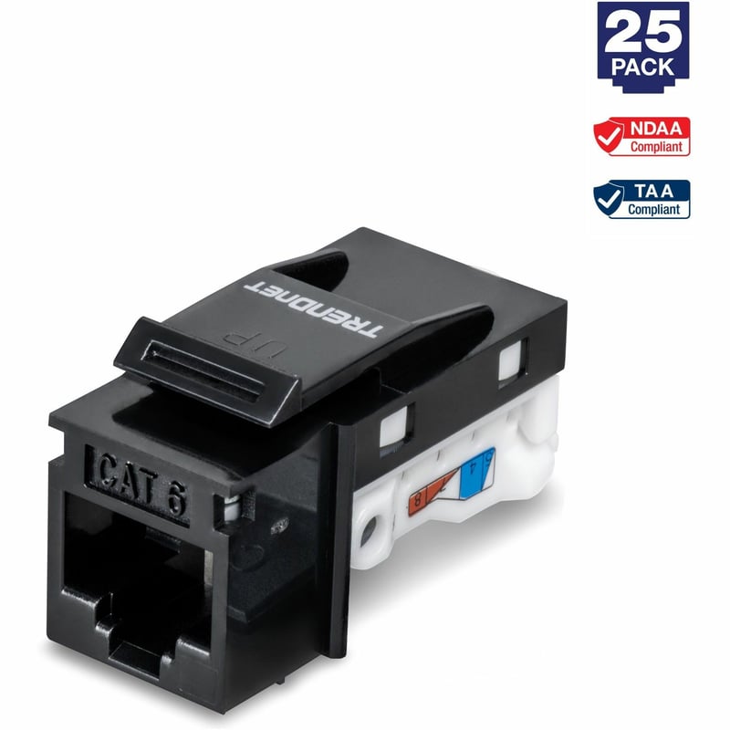 TRENDnet Cat6 Keystone Jack, 25-Pack Bundle, 90 Angle Termination, Compatible with Cat5, Cat5e, & Cat6 Cabling, Color-Coded Labeling for T568B Wiring, Gold-Plated Contacts, Black, TC-K25C6BK - Thumbnail 1