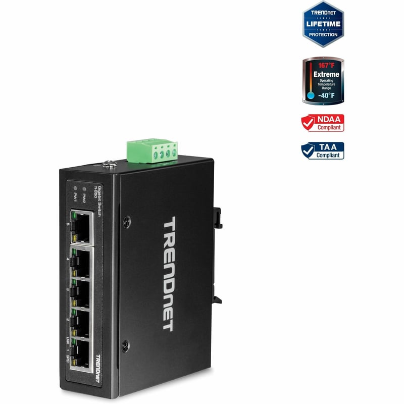 TRENDnet 5-Port Hardened Industrial Gigabit DIN-Rail Switch, 10 Gbps Switching Capacity, IP30 Rated Network Switch (-40 to 167 ?F), DIN-Rail & Wall Mounts Included, Lifetime Protection, Black, TI-G50 - Thumbnail 1