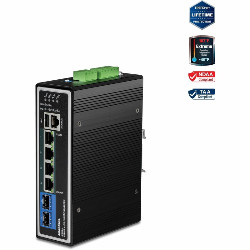 TRENDnet 6-Port Industrial Gigabit L2+ Managed PoE++ DIN Rail Switch, 4 x Gigabit PoE++ Ports, DIN-Rail Mount, 2 x SFP Slots, IP30, VLAN, QoS, LACP, Bandwidth Management, ERPS, Black, TI-BG62i - Thumbnail 1