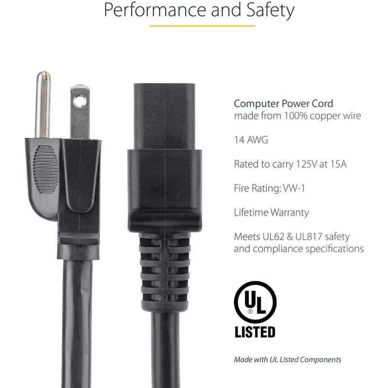 StarTech.com 3ft (1m) Heavy Duty Power Cord, NEMA 5-15P to C19, 15A 125V, 14AWG, Computer Power Cord, Heavy Gauge Power Cable - Thumbnail 5