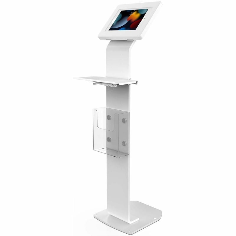 CTA Digital Premium Locking Floor Stand Kiosk with Universal Security Enclosure, Keyboard Tray, and Storage Compartment (White) - Thumbnail 1