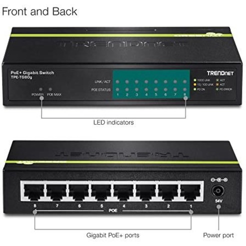 TRENDnet 8-Port Gigabit PoE+ Switch, 8 x Gigabit PoE+ Ports, 123W PoE Power Budget, 16 Gbps Switching Capacity, Desktop Switch, Ethernet Network Switch, Metal, Lifetime Protection, Black, TPE-TG80G - Thumbnail 3