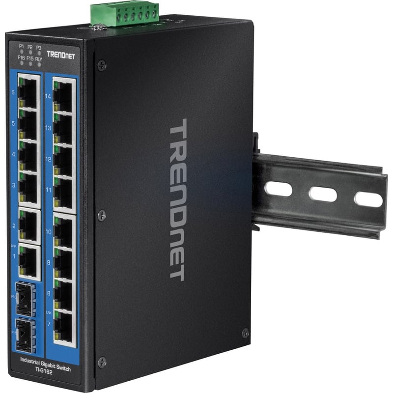 TRENDnet 16-Port Hardened Industrial Unmanaged Gigabit DIN-Rail Switch; TI-G162; 14 x Gigabit Ports; 2 x Gigabit SFP Slots;32Gbps Switching Capacity; IP30 Ethernet Network Switch; Lifetime Protection - Thumbnail 2