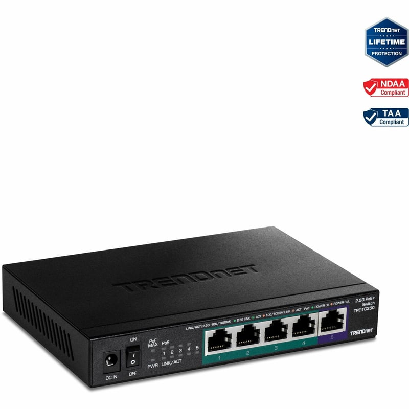 TRENDnet 5-Port Unmanaged 2.5G PoE+ Switch, Fanless, Compact Desktop Design, Metal Housing, 2.5GBASE-T Ports, IEEE 802.3bz, 55W PoE Budget, Life protection, Black, TPE-TG350 - Thumbnail 1