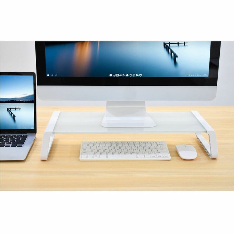 GLASS MONITOR RISER SHELF WITH KEYBOARD STORAGE SPACE (WHITE) - Thumbnail 4