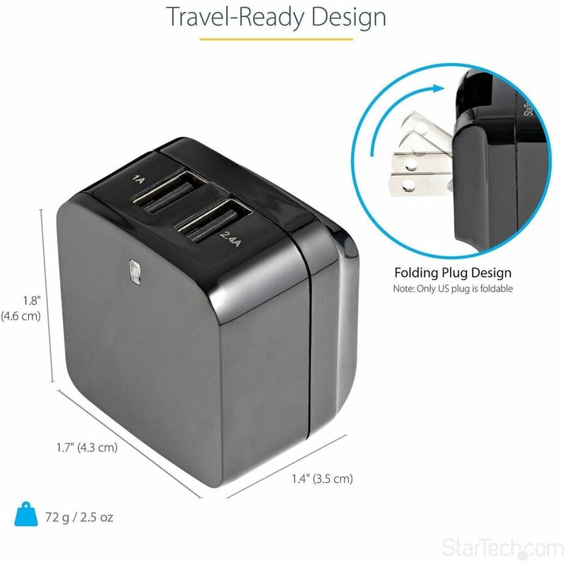 StarTech.com Travel USB Wall Charger - 2 Port - Black - Universal Travel Adapter - International Power Adapter - USB Charger - Thumbnail 3