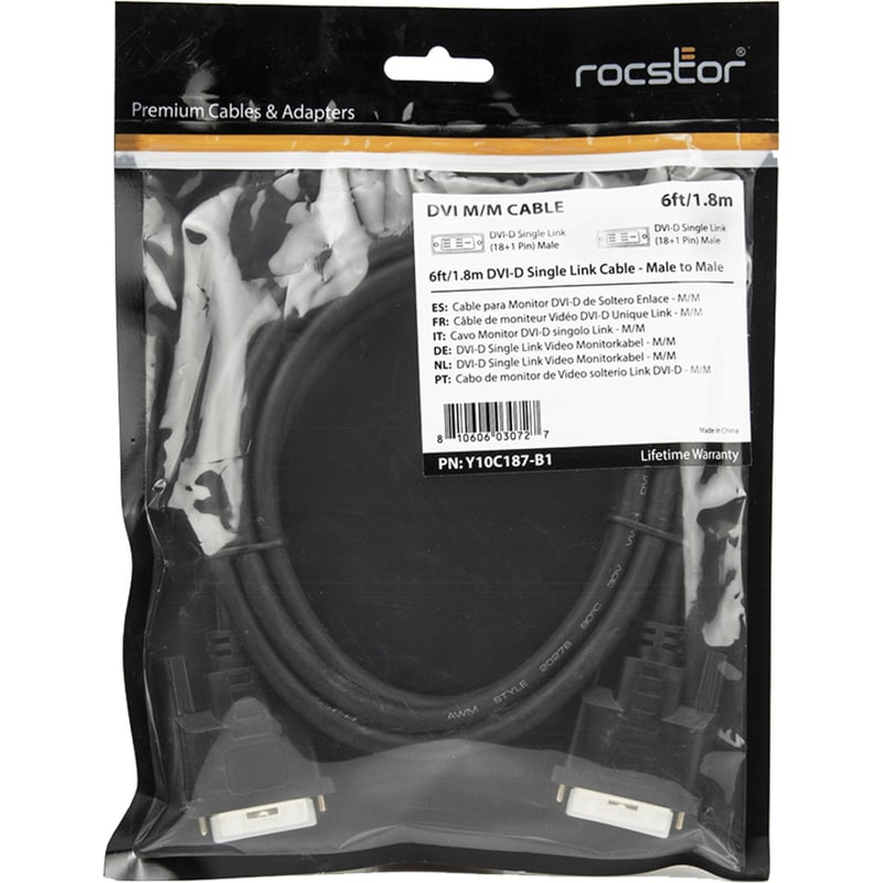 Rocstor Premium 6 ft DVI-D Single Link Cable - M/M - DVI cable for use with Projectors, Video Devices, Monitors, Notebook - 2m - 1 Pack - 1 x DVI-D (Single-Link 18+1) Male Digital Video - 1 x DVI-D (Single-Link) Male Digital Video - Thumbnail 2